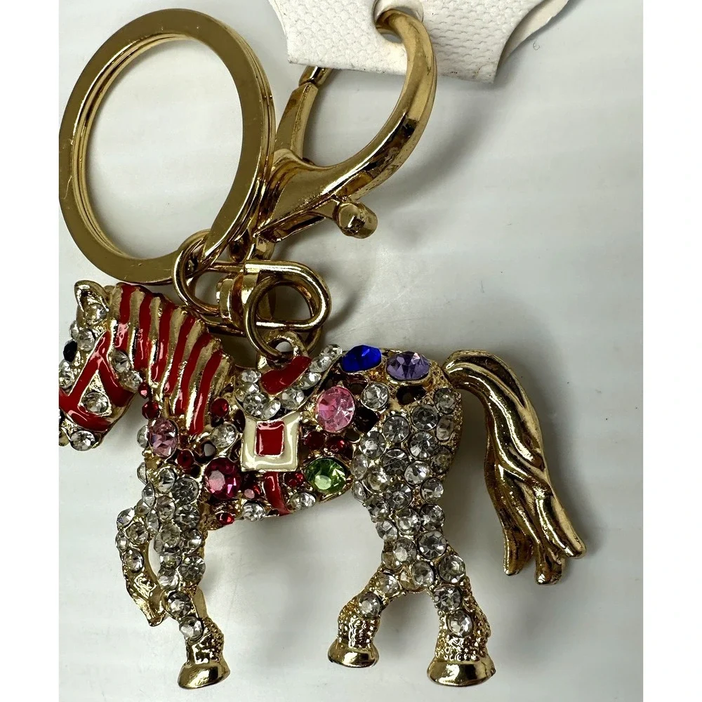 Rhinestone Horse Keychain Gold Tone Colorful Crystal Animal Bag Charm NWT
